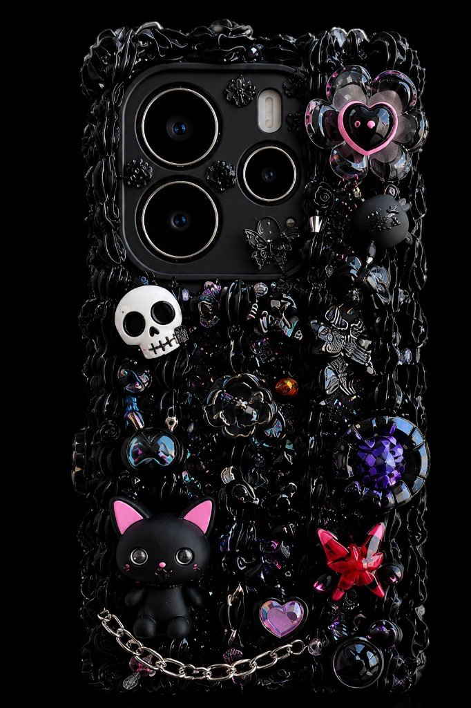 Schwarze Goth-Decoden-Handyhülle mit Totenkopf und Katze