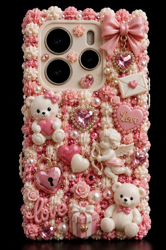 Pinke Love-Decoden-Handyhülle mit Herzen und Amor